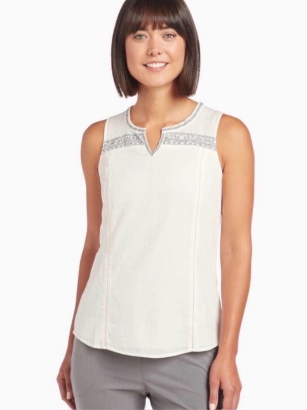 Kuhl Katrin 100% Cotton Sleeveless Top in White and Blue with Embroidery Size M
